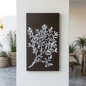 Idyllic garden patio in South Africa with handmade laser cut Olive branch