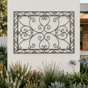 Ornate Wrought Iron Trellis Amidst a Lush Garden