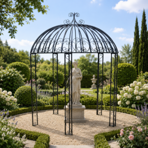 Wrought iron American pergola in seren garden with statue