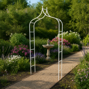 Sunny garden with decorative wrought iron archway