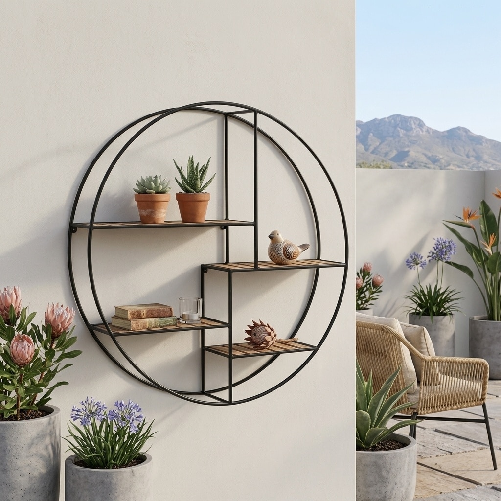 Calm patio with wrought iron shelving SA
