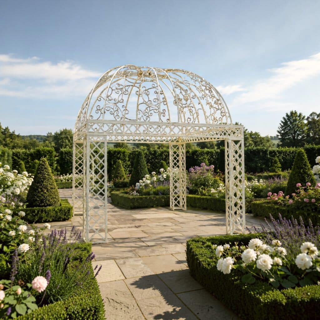 Handmade wrought iron Lorraine pergola crafted from steel in Pretoria, South Africa