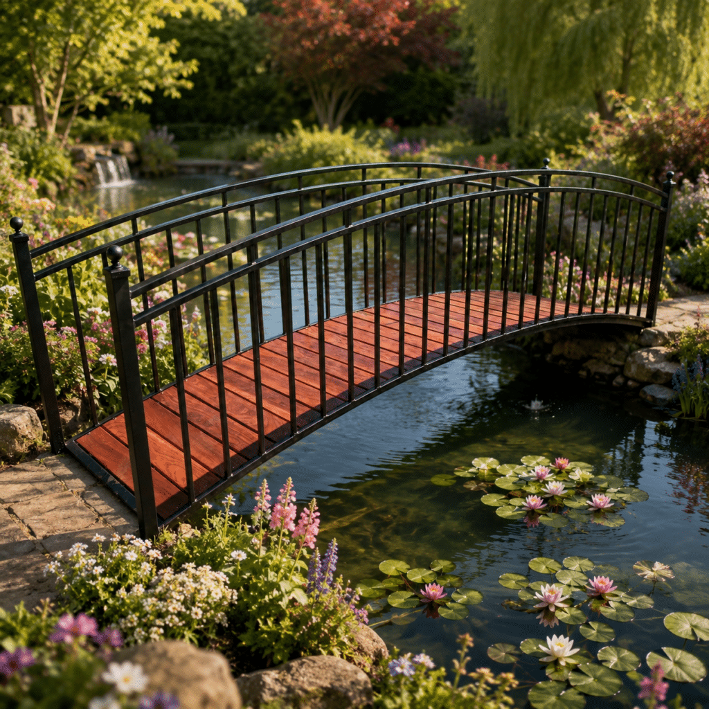 Decorative wrought iron garden bridge used as a feature in a landscaped garden in South Africa.