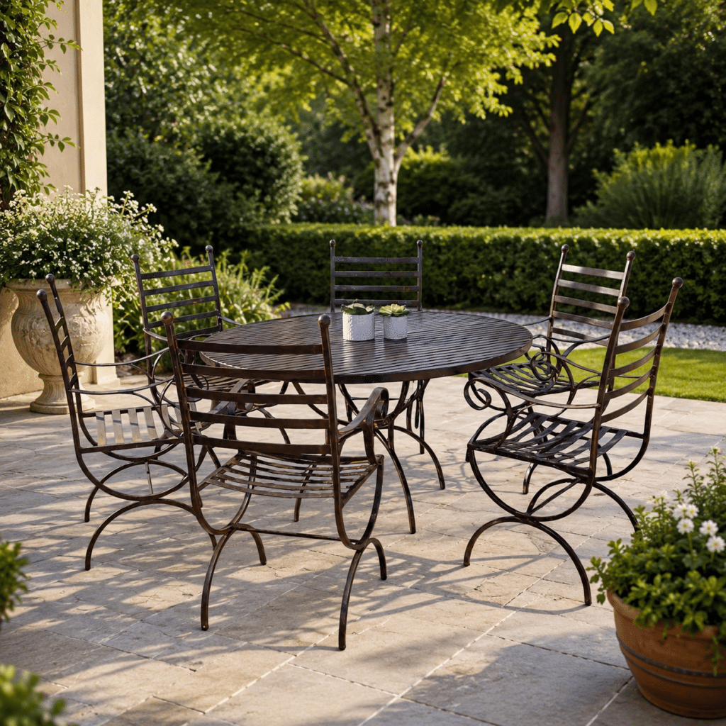 Handcrafted wrought iron garden furniture set in an outdoor patio space.