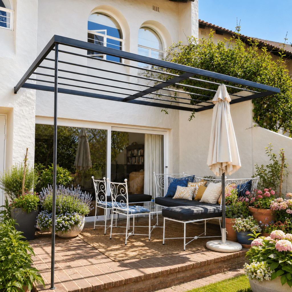 Custome pergola in lush garden in South Africa