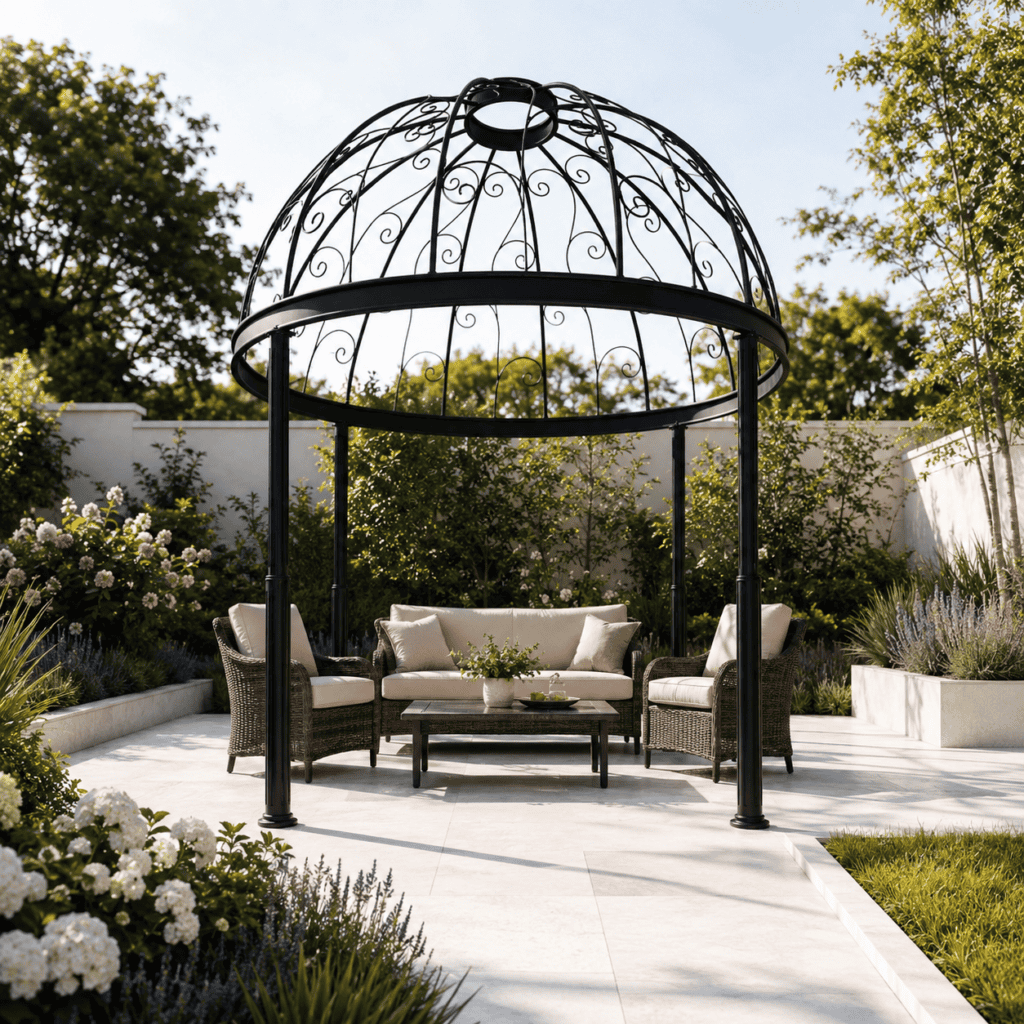 Elegant pergola over relaxing patio set.