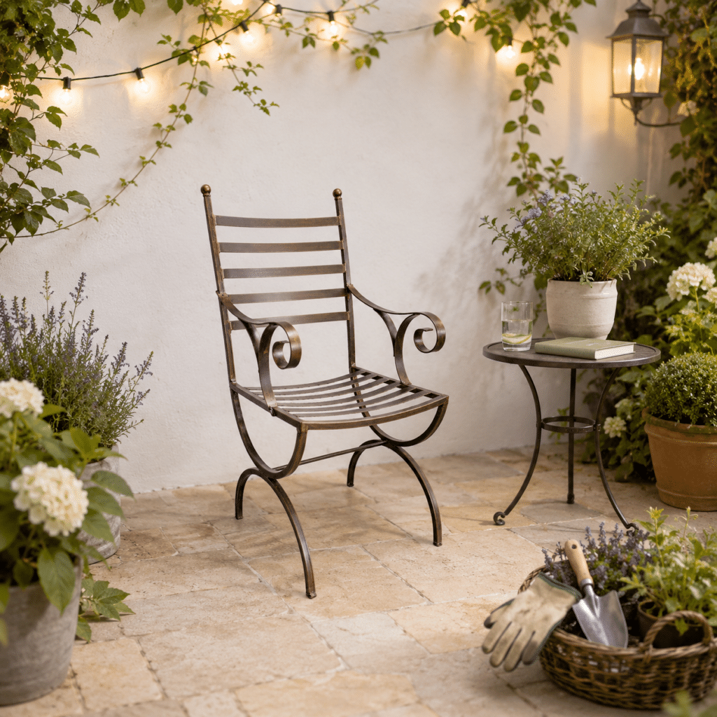 Handcrafted wrought iron outdoor chair placed on a patio or garden area.