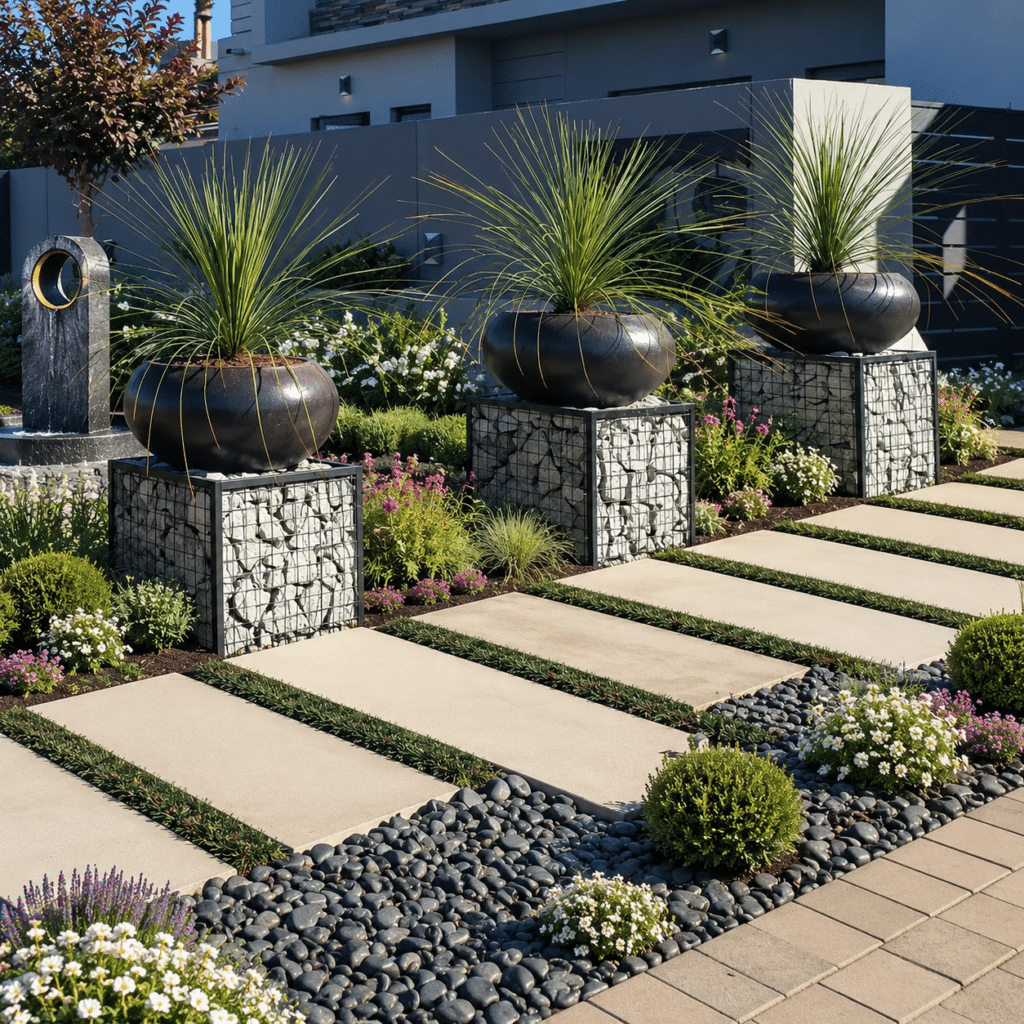 Steel planter used as a structured feature in an outdoor garden landscape in South Africa.