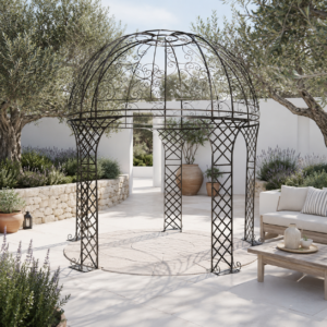Mediterranean garden with iron St Helena Pergola in South Africa