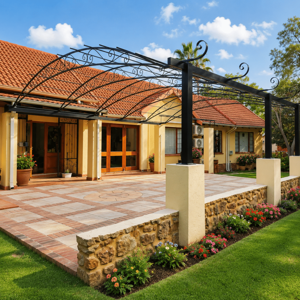 Mediterranean-inspired sunny patio retreat with custom made pergola