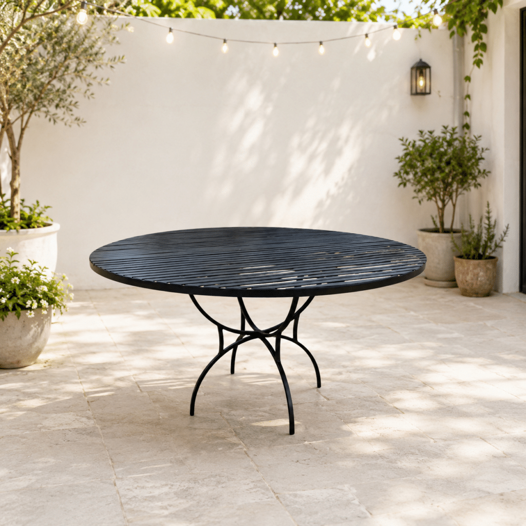 Wrought iron outdoor dining table set up for patio dining and entertaining.