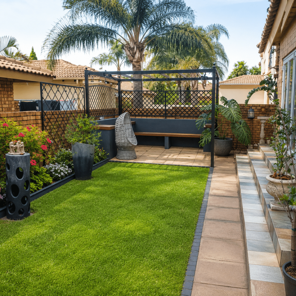Sunny suburban courtyard with bright garden