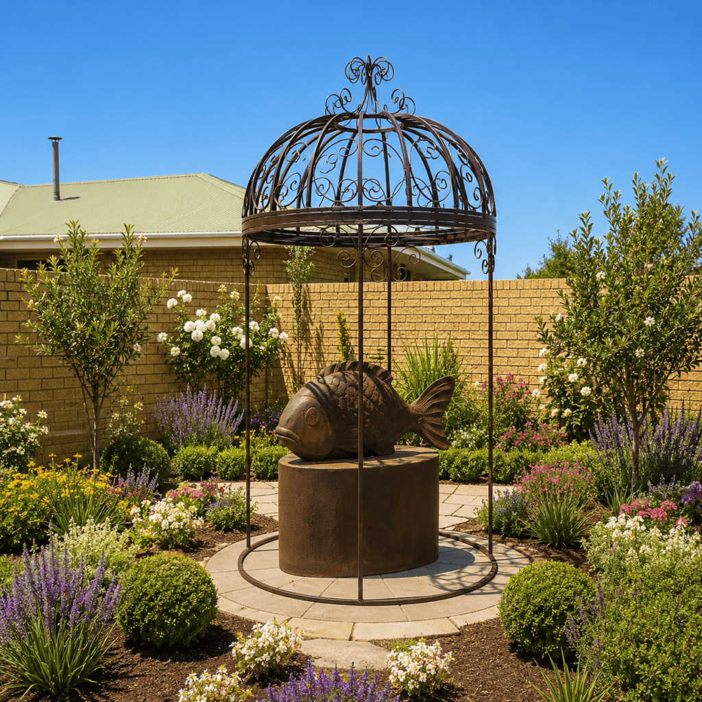 Fish sculpture in garden with decorative cage, surrounded by lush plants and flowers.