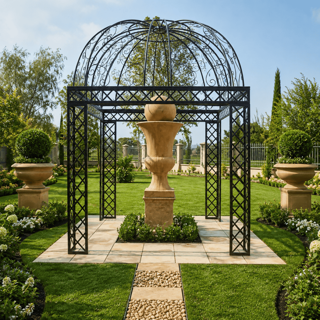 Elegant black metal garden pergola for outdoor shade, garden decor, and patio enhancement.