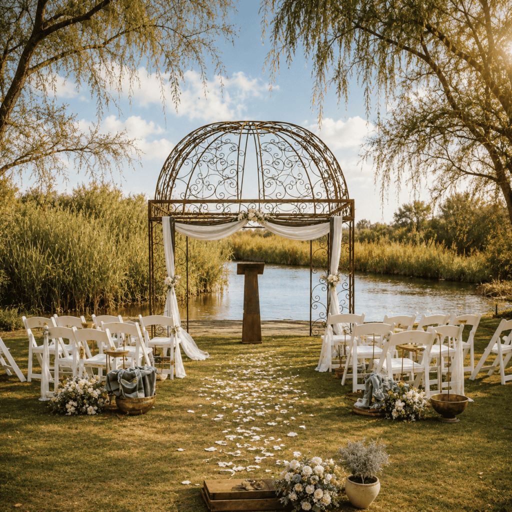 Large wrought iron pergola for a serene wedding at a peaceful pond.
