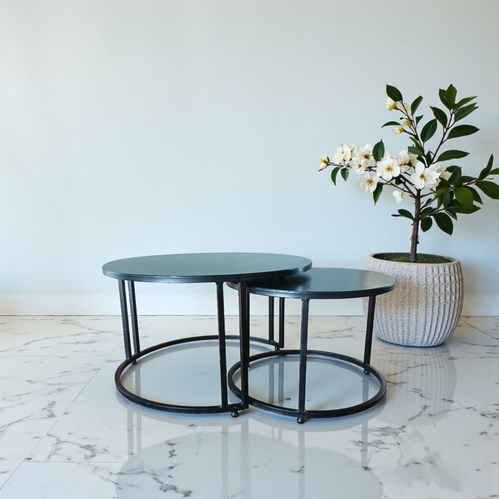 Wrought iron side table used beside outdoor garden seating.