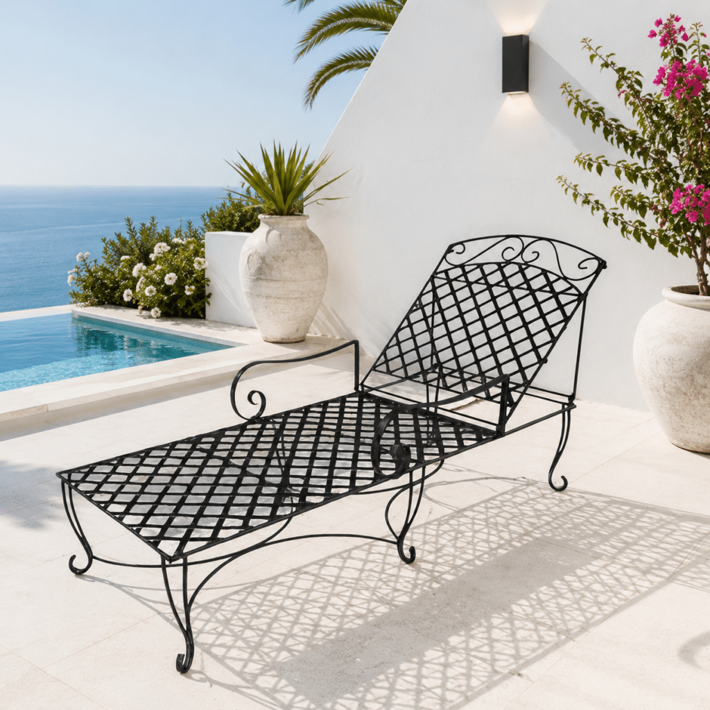 Wrought iron pool lounger placed beside an outdoor swimming pool in South Africa.