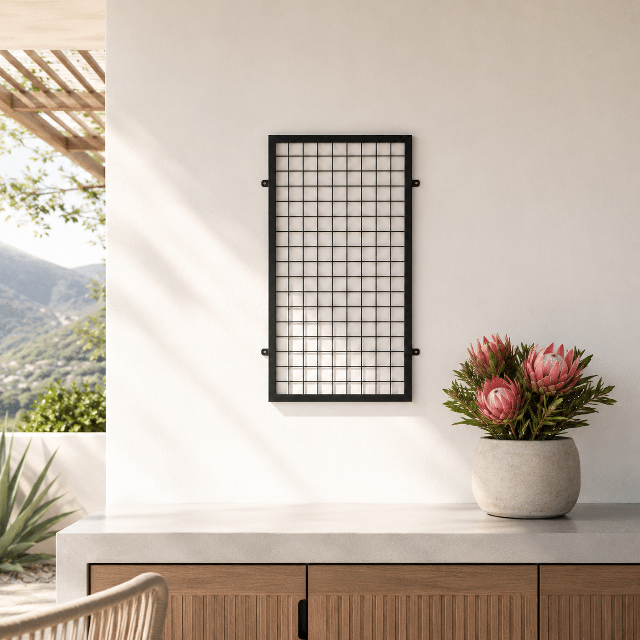 Minimalist patio with protea plant
